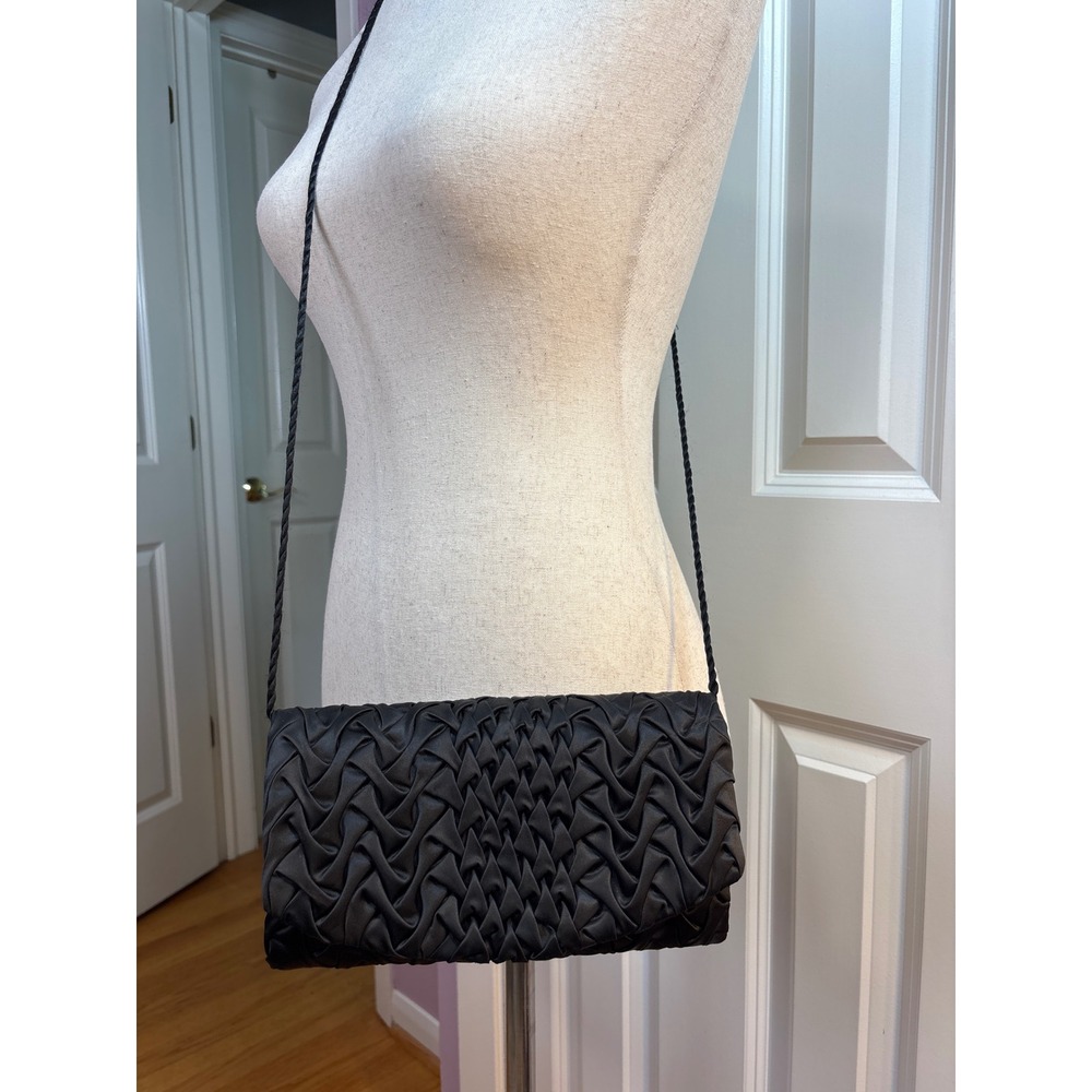 Walborg Vintage Black Satin‎ Smocked Evening Bag Crossbody Clutch Formal